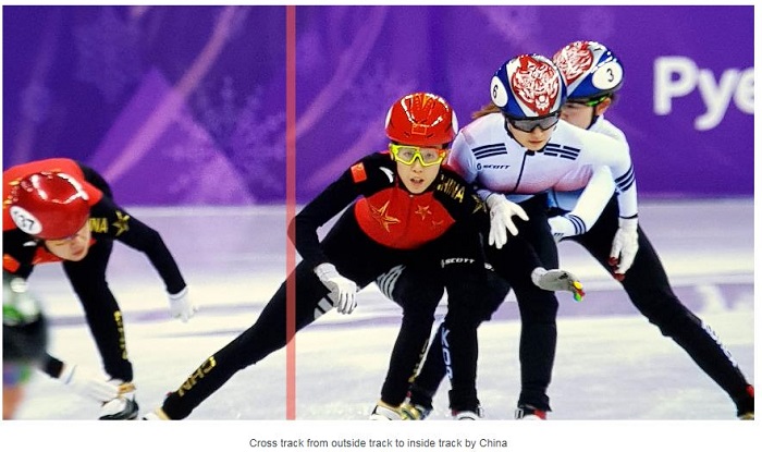 국제빙상경기연맹이 22일(한국시간) 홈페이지를 통해 지난 20일 나온 2018 평창동계올림픽 쇼트트랙 여자 3000m 계주 중국 실격 사유를 설명했다. 사진을 보면 중국 판커신(가운데)은 자신의 레인(빨간색 줄)을 갑작스럽게 이탈해 안쪽으로 달리던 한국대표팀 최민정(오른쪽)을 몸으로 밀고 있다. <출처=[ISU 홈페이지 캡처>