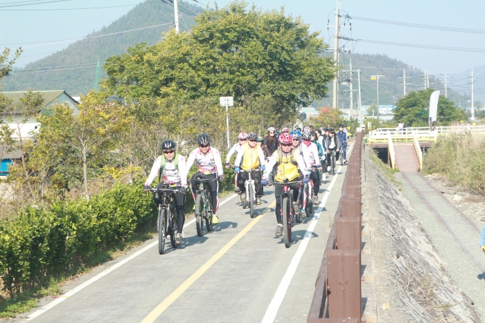 2019넌 강진 자전거여행 참가자들이 라이딩을 하고 있다.