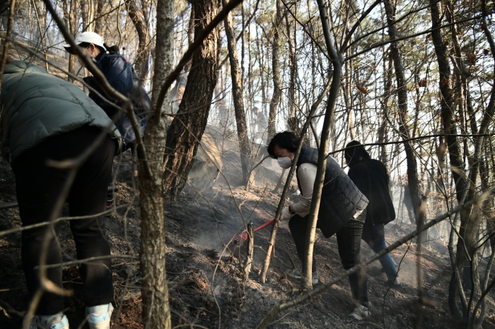 지난 21일 발생한 벌곡면 덕목리 산불 진화를 위해 동원된 소방 인력이 잔불을 처리하고 있다