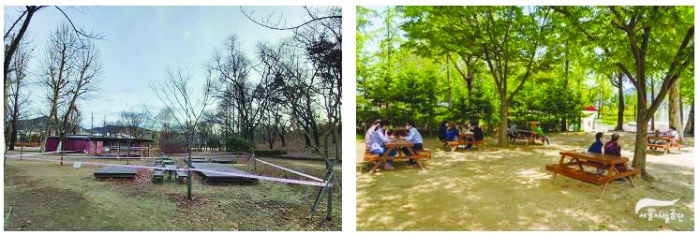 서울 어린이대공원 휴게시설 개선 전(왼쪽)과 후