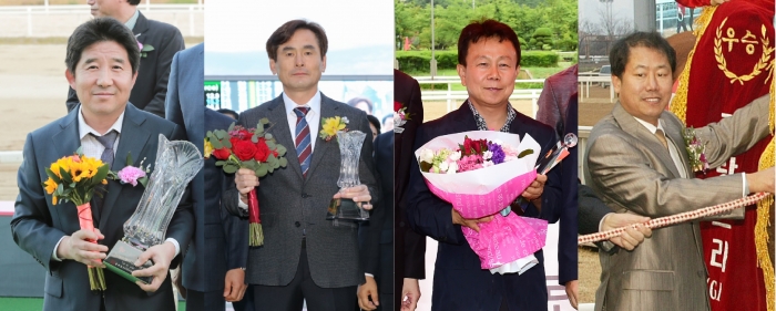 (왼쪽부터) 300승 달성한 박윤규, 송문길, 우창구, 홍대유 조교사 / 사진=한국마사회