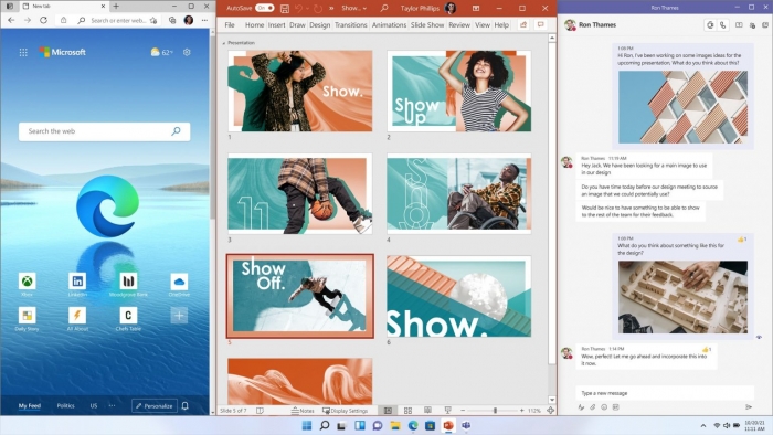 마이크로소프트가 차세대 운영체제 윈도우11을 공식 출시했다. 윈도우11의 스냅 기능은 사용자가 원하는 형태로 창을 분할할 수 있다.(마이크로소프트)