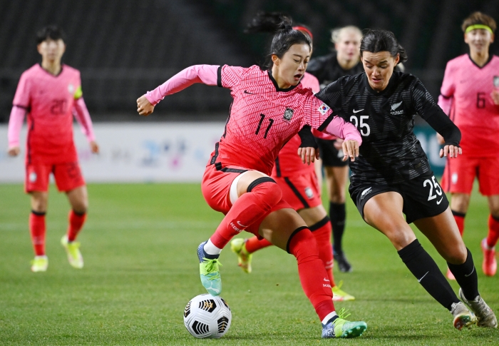 (사진=지난달 30일 열린 뉴질랜드와 친선경기서 한국의 최유리가 뉴질랜드의 아바 콜린스를 상대로 공을 지켜내고 있다 / 연합뉴스)