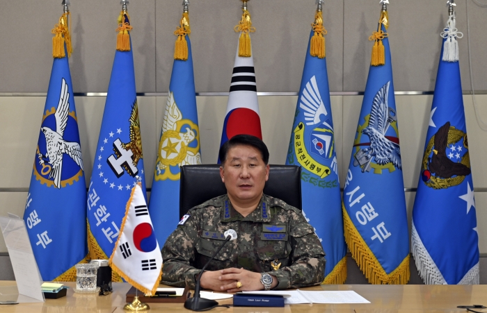 박인호 공군참모총장이 20일 ‘태평양 공군지휘관 화상회의’에 참석하고 있다