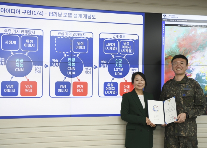 2022 공군 창의 혁신 아이디어 공모 해커톤에서 대상을 수상한 '아이고하이고' 팀의 공군 기상단 5급 전수경(왼쪽), 공군 기상단 박병준 병장(오른쪽)이 출품 아이디어 개념도 앞에서 상장을 들어보이며 기념촬영을 하고 있다.