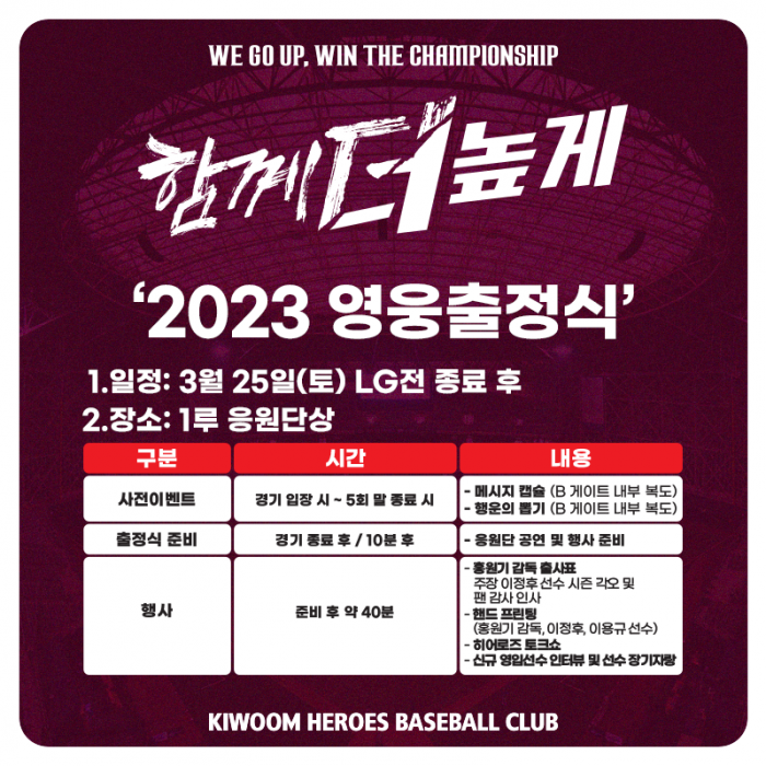 오는 25일 서울 고척스카이돔에서 열리는 키움 히어로즈 '2023 영웅출정식'. (사진=키움 히어로즈)