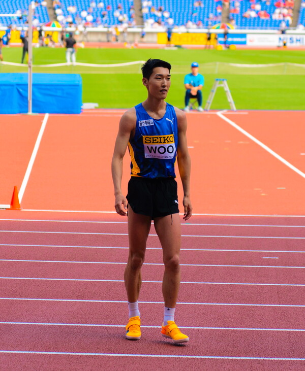 지난 21일 일본 가나가와현 요코하마에서 열린 2023 세이코 골든 그랑프리 남자 높이뛰기 결선. 우상혁이 도약을 준비하고 있다. (사진=연합뉴스)