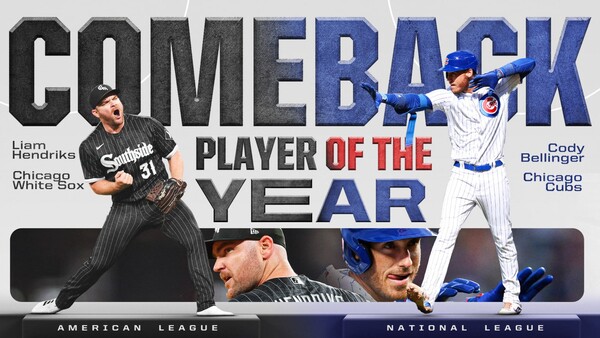 2023 MLB 올해의 재기 선수상을 수상한 선수들. (왼쪽부터) 아메리칸 리그 리암 헨드릭스(시카고 화이트삭스), 내셔널 리그 코디 벨린저(시카고 컵스). (사진=MLB.com 캡처)