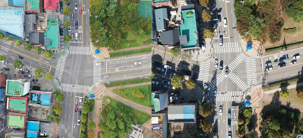 인천 남동구 간석동 성락아파트앞교차로 개선 전(왼쪽)과 개선 후. (도로교통공단)