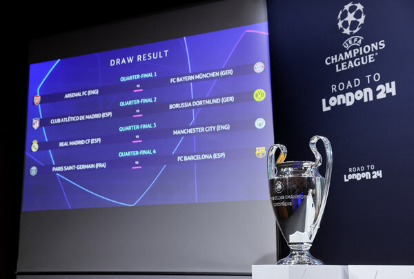 15일(한국시각) 스위스 니옹의 UEFA 본부에서 2023-2024 UCL 8강 대진 추첨식이 진행됐다. (사진=로이터/연합뉴스)