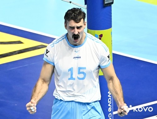 득점 후 기뻐하는 대한항공의 러셀 [한국배구연맹 제공]