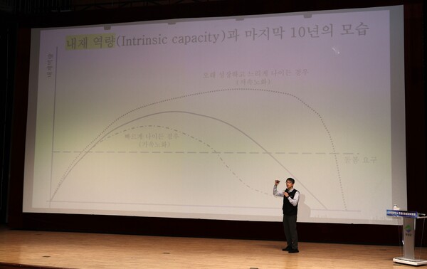 정희원 박사가 ‘저속노화, 건강하게 행복하게 살기 위한 기본적인 지식’이라는 주제로 강연을 하고 있다.[사진=보성군 제공]